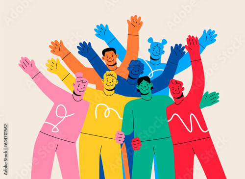 A group of happy people standing together Waving and inviting new customers Colleagues multi-ethnic team concept happy welcome newcomer. Colorful vector illustration