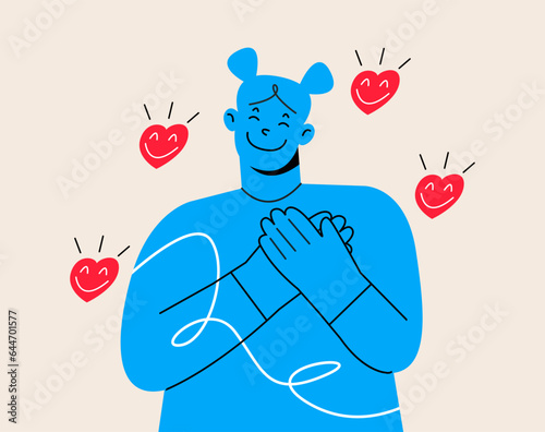 Happy young woman keep hands at heart chest feel grateful and thankful. Smiling girl show gratitude and kindness. Charity and volunteer work concept. Colorful vector illustration