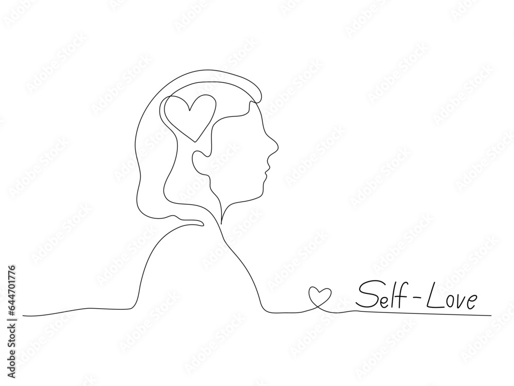 Continuous line art of a person with heart symbol and self love text, lineart vector illustration.