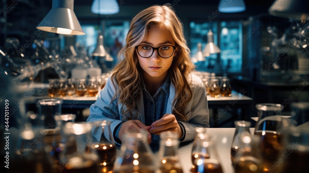 a schoolgirl in a chemical laboratory in a school class conducts experiments and examines the elements.