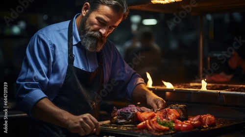a man preparing food on a grill in a restaurant, a portrait,  summer night, butcher