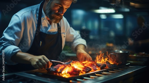 a man that is cooking some food on a grill, looking into the flames