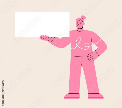 Woman hold blank placards. Happy female with empty paper boards showing, presenting, demonstrating advertisement, message. Colorful vector illustration