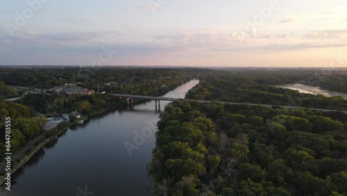 Drone Shot of 35E Bridge over Mississippi River in St. Paul Minnesota during Sunset photo