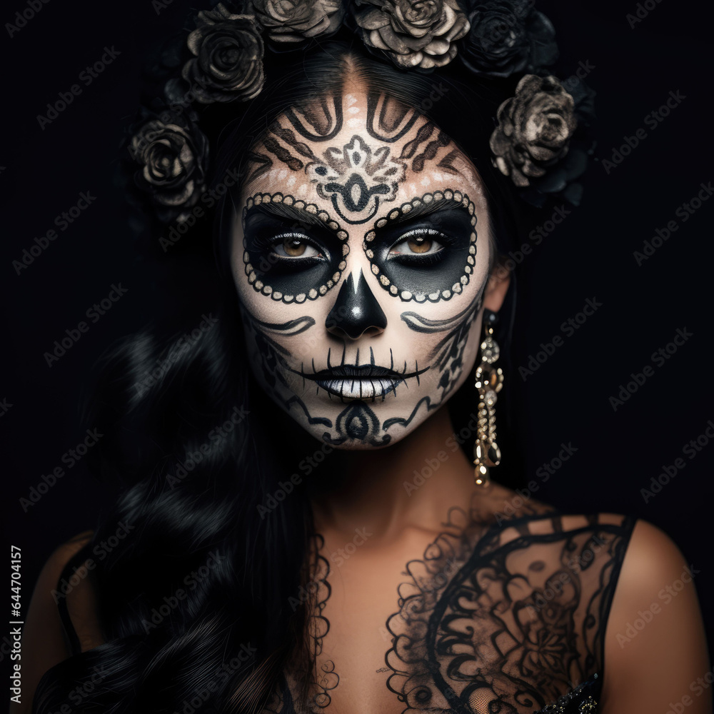 Portrait of young woman celebrating Halloween With dark Sugar Skull makeup, day of the dead makeup.