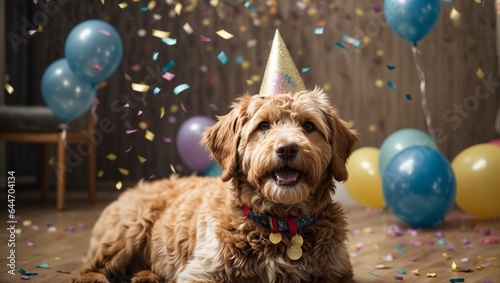Cute dog with birthday cake and confetti at table in room