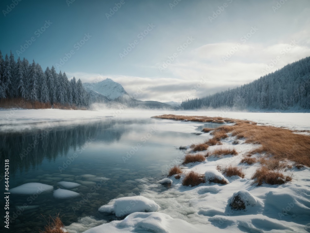 Tranquil Winter Forest: Misty Morning Reflections in Frozen Landscape