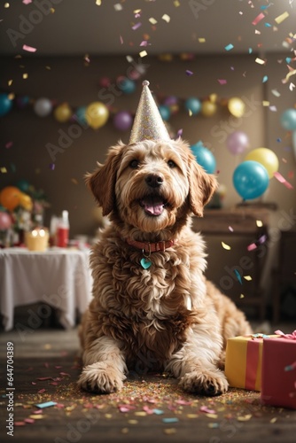 Cute dog with birthday cake and confetti at table in room