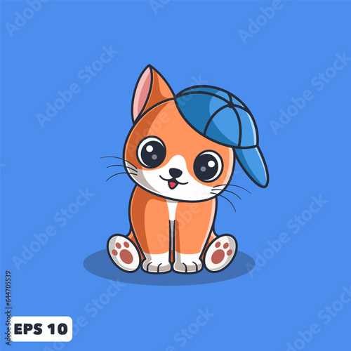 Vector Cute Orange Cat Sitting and Wearing A Hat. Animal Cartoon Illustration for Logo, Mascot, Icon