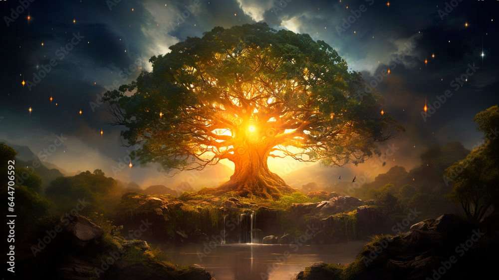 The Tree of Life has deep spiritual and magical significance. The beginning of everything in this world. Generative AI - obrazy, fototapety, plakaty 