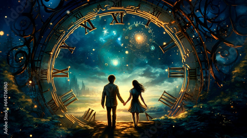 Under the stars, on a huge clock, a young man and a young woman ran into the future. Symbolism about the temporality of relationships. Generative AI