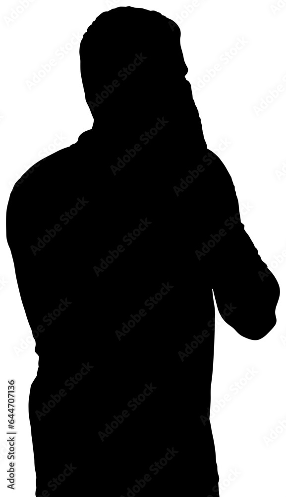 Digital png illustration of silhouette of man touching face on transparent background