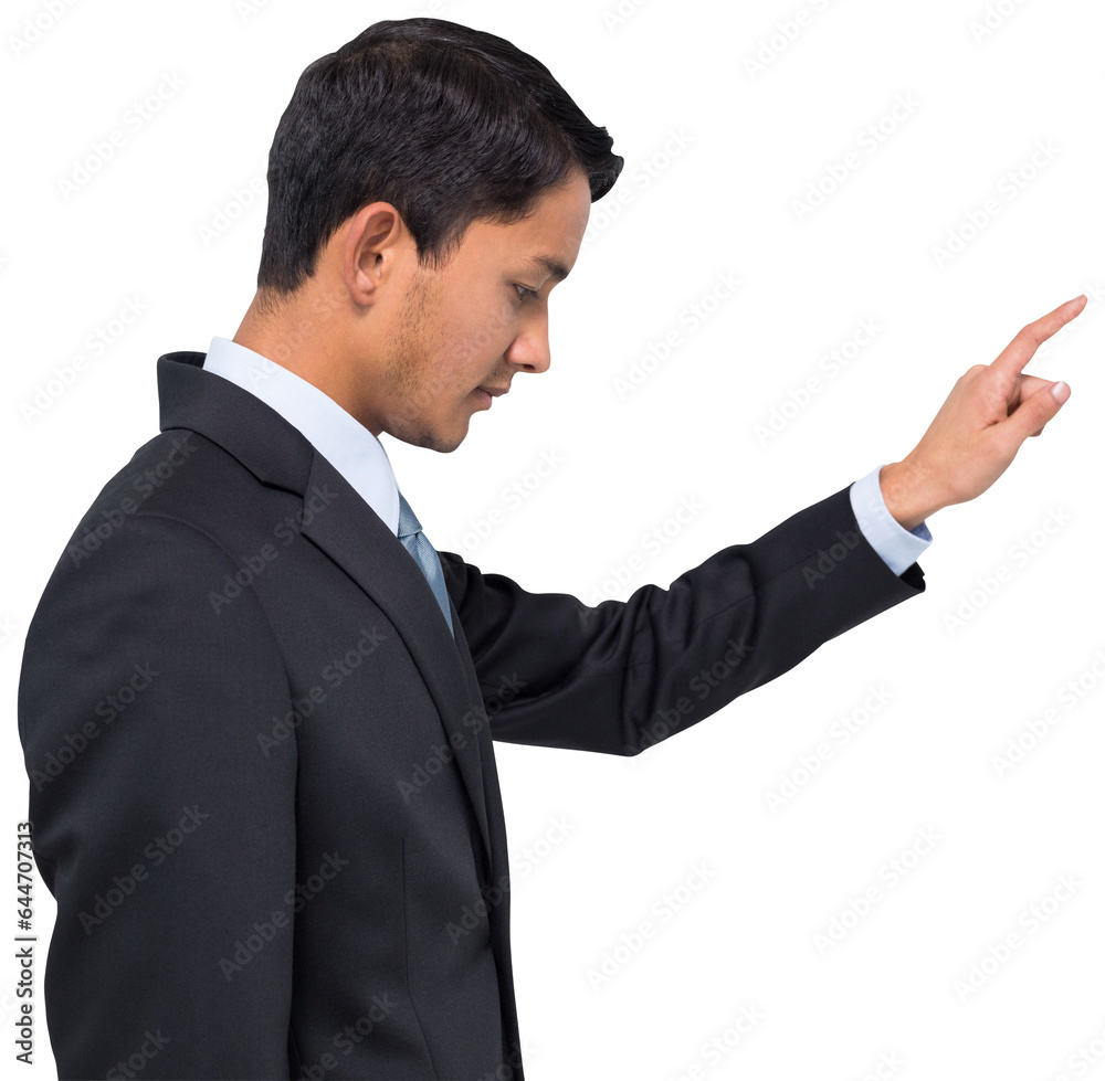 Digital png photo of asian businessman pointing with finger on transparent background Digital png photo of asian businessman pointing with finger on transparent background