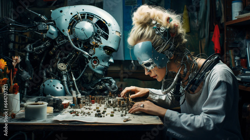  an image of a female engineer at work in her workshop. the inventor is working with microdetails. Generative AI