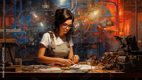 an image of a female engineer at work in her workshop. the inventor is working with microdetails. Generative AI photo