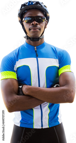 Digital png photo of african american male cyclist in helmet and glasses on transparent background