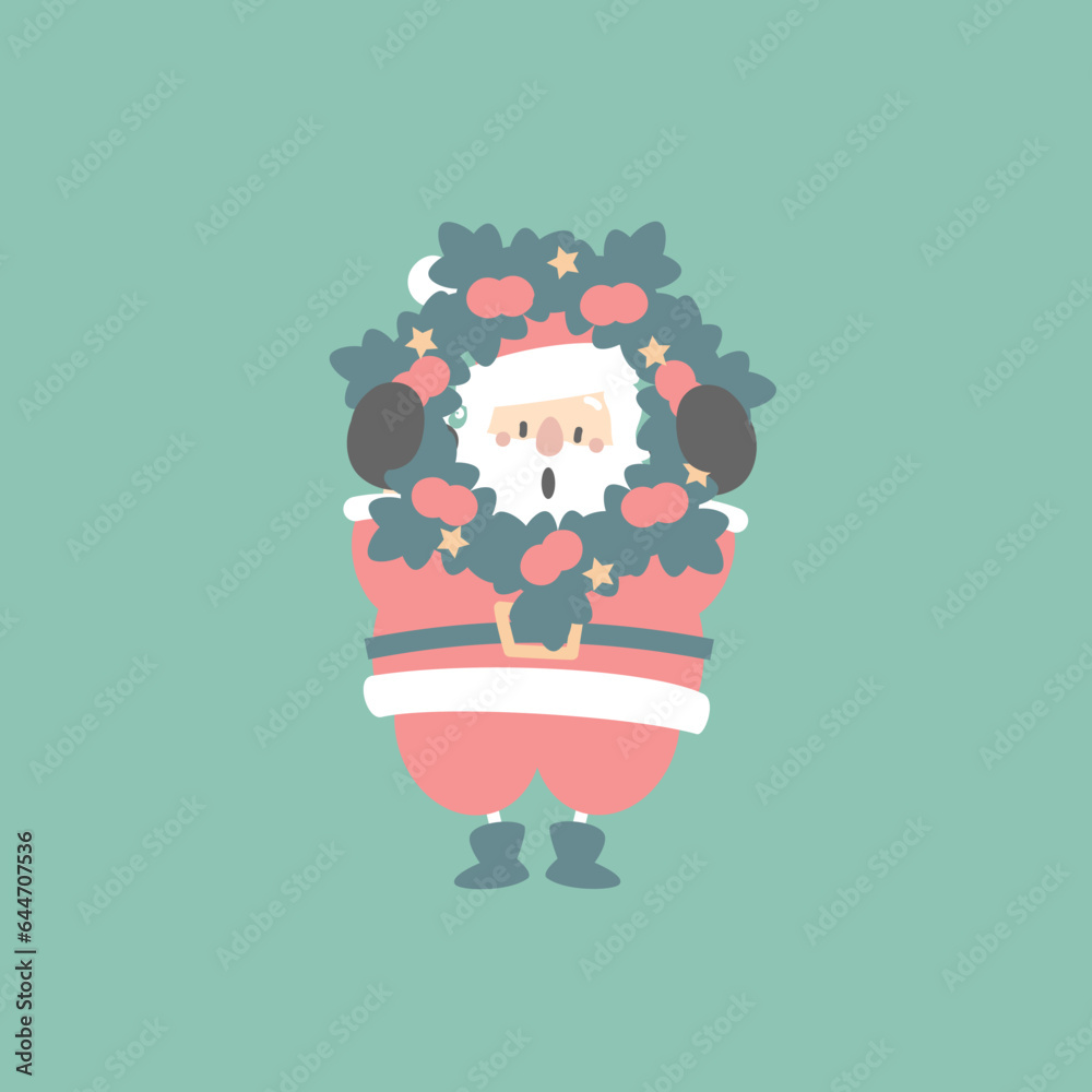 merry christmas and happy new year with cute santa claus and wreath in the winter season green background, flat vector illustration cartoon character costume design