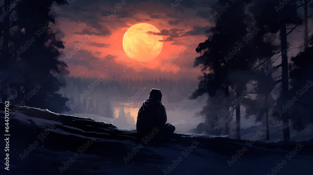 Silhouette of a sad man sitting alone in the winter forest. sadness and loneliness in nature. Generative AI Silhouette of a sad man sitting alone in the winter forest. sadness and loneliness in nature. Generative AI