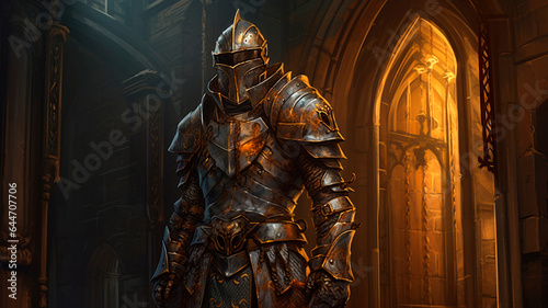 A knight with armor in a dungeon, the plot of historical accounts. Generative AI