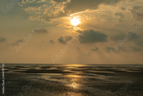 landscape of Bakkhali sea shore. Closeup sea sand beach. Beautiful beach landscape. Inspire tropical beach seascape horizon. Dreamy sunset sky calm tranquil relax sunset summer mood. Positive energy