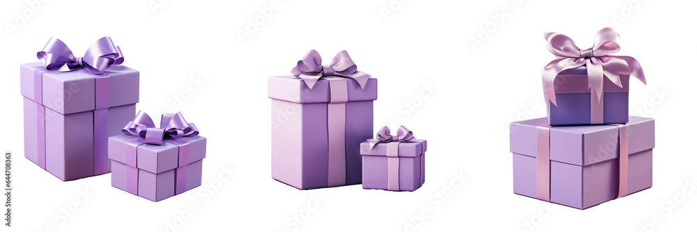 Obraz premium A purple gift box with bow shown both closed and open isolated on a transparent background