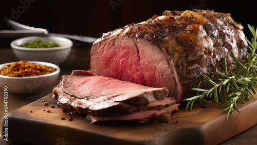 Prime Rib Beef Roast on a Wooden Cutting Board with Rosemary and Herbs