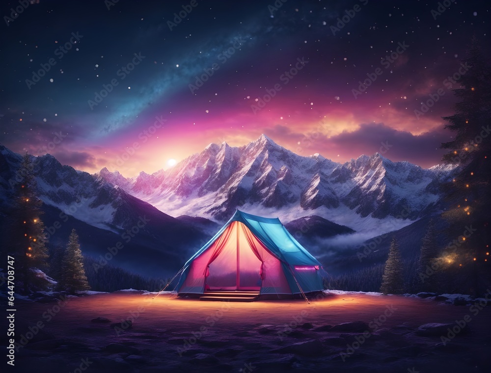 Neon light camping tent on the top of mountain in the night time with milky way background.