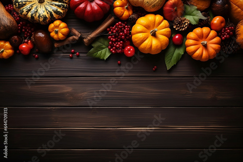 Thanksgiving background: Apples, pumpkins and fallen leaves on wooden background. Copy space for text. Halloween, Thanksgiving day or seasonal background.