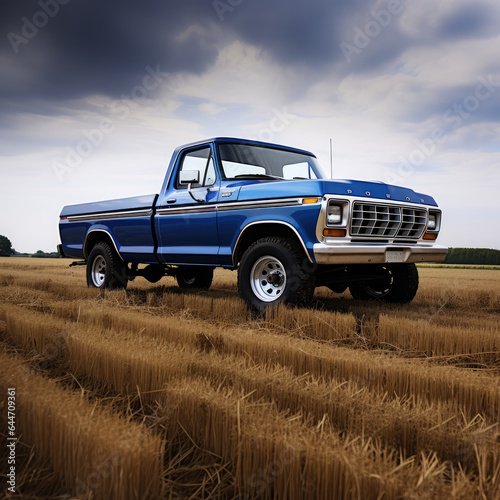 blue vintage pickup in the field