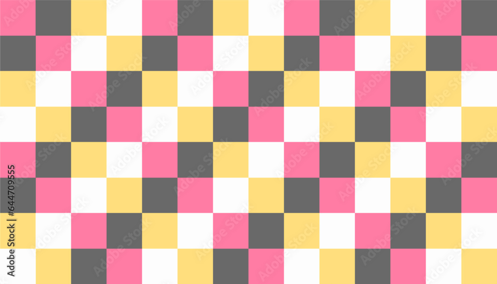 Seamless checkered pattern with light gray, pink, white, and yellow colors. Vector illustration.