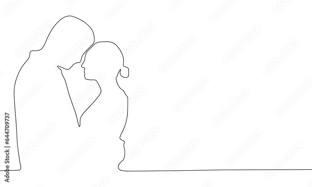 Two people are kissing one line continuous banner. Line art couple concept banner. Outline vector illustration.