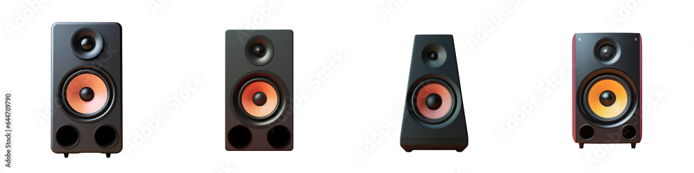 Side view of contemporary mid range black speaker transparent background