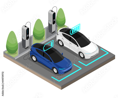 Two EV Electric Car stop at Charging Station Ecology cut inside show Battery Concept isometric isolated 