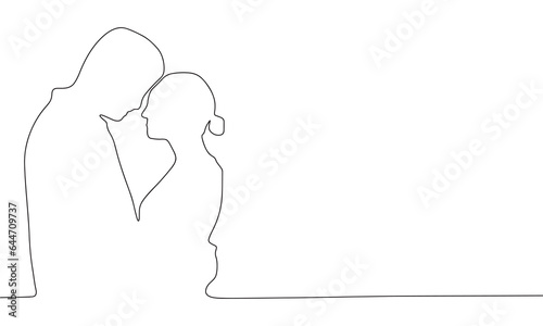 Two people are kissing one line continuous banner. Line art couple concept banner. Outline vector illustration.