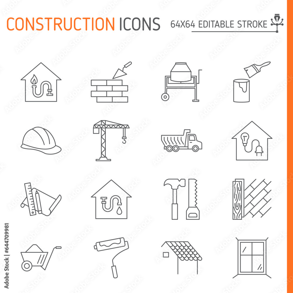 Construction icon line set, building vector collection, logo illustrations, repair vector icons, outline style pictogram pack, editable stroke icons.