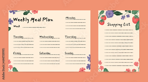 meal planner and shopping list template with fruit and flower illustration