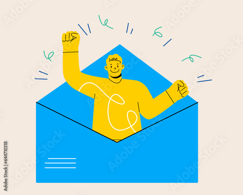 Email search, open new mail envelope. The man checks the email, opened the envelope, and celebrating. Colorful vector illustration