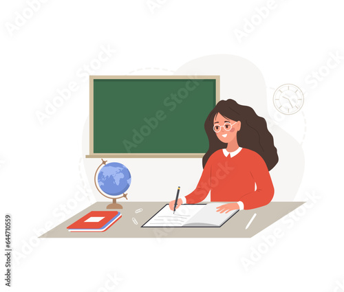 Female teacher in classroom. Pedagogue sitting at table and checking homework. School and college concept. Vector illustration in flat cartoon style.