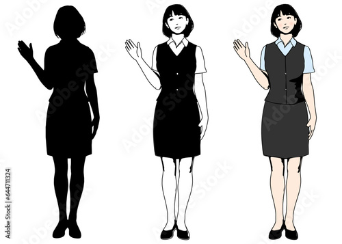 案内のポーズをするかわいい日本人女性 会社員のシルエット 全身正面のイラスト 3セット