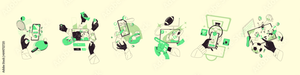 People bet on sports online, gambling, play games of chance. Hands with smartphone, mobile phone. Wagering on football, basketball, soccer, tennis. Bookmaker concept flat isolated vector illustration