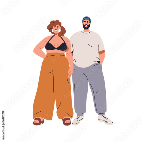 Happy young couple with fat plus-size bodies. Chunky man and chubby plump woman standing together, smiling. Romantic people with heavy weight. Flat vector illustration isolated on white background