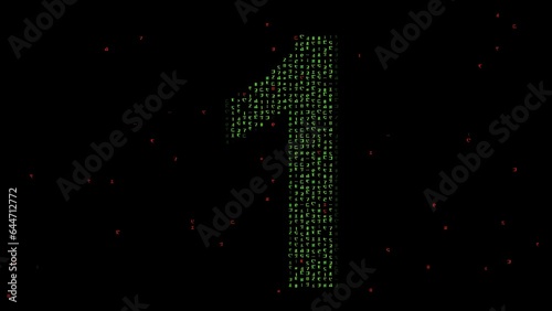 Beautiful illustration of number 1 with matrix code on plain black background photo