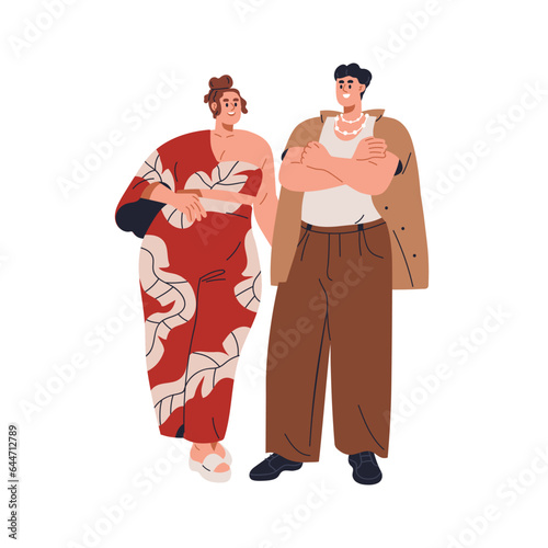 Happy fat man and woman talking. Chubby chunky people communication, standing, speaking. Couple with plus-size plump bodies, heavy weight. Flat graphic vector illustration isolated on white background