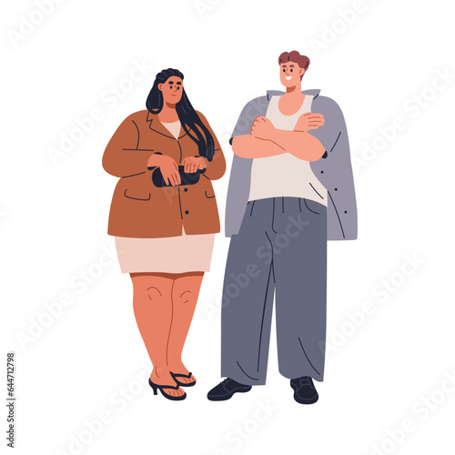 Happy couple, fat man and chubby woman standing, talking. Chunky plus-size people communication. Male and female characters speaking. Flat graphic vector illustration isolated on white background