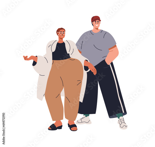 Happy fat chubby body-positive couple. Chunky man and woman standing together, smiling. Confident cool plus-size overweight people with obesity. Flat vector illustration isolated on white background