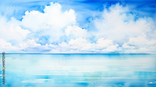 青空と水平線の水彩風景