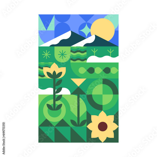 Geometric green landscape poster. Summer meadow, field with flowers in cubist art style. Sunflower, grass on card. Modern stylized vertical cover with plants. Geometry flat vector illustration