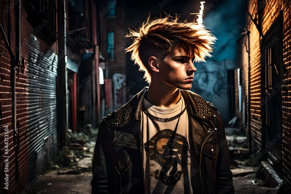 Fototapeta premium an angry punk rock teenage boy in a back alley