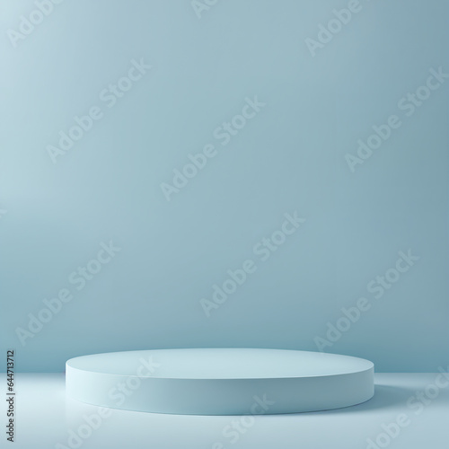 Clean blank light blue background backdrop with round pedestal for product presentation