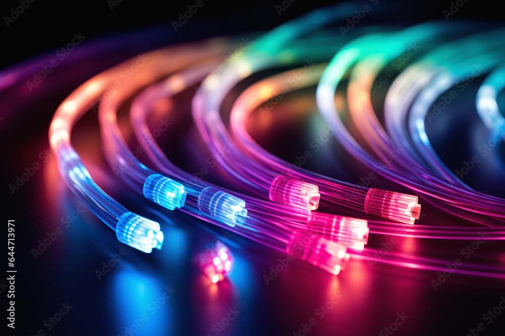 Internet optic cables. Illuminating the pathways of high speed data transfer and digital communication with abstract fiber optics and technological brilliance - obrazy, fototapety, plakaty 